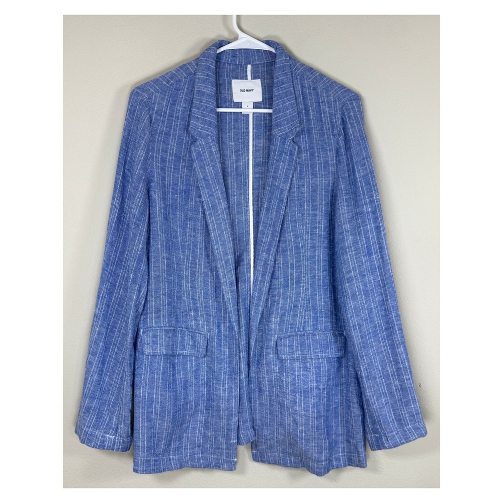 Old Navy Linen Blend Blazer Womens S Blue Pinstripe Lightweight Coastal Preppy